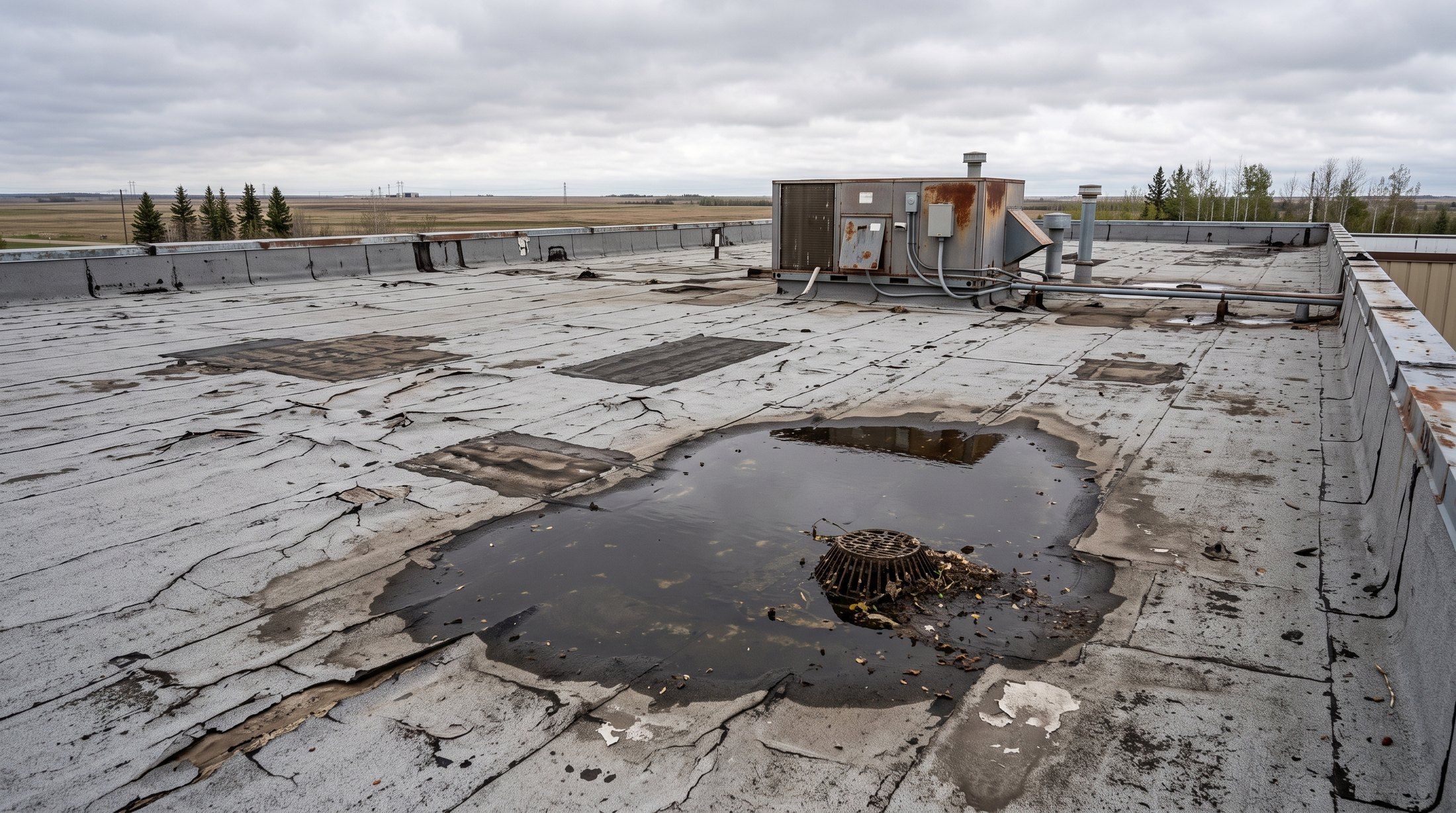 Worn flat roof with blisters, cracks and ponding water
