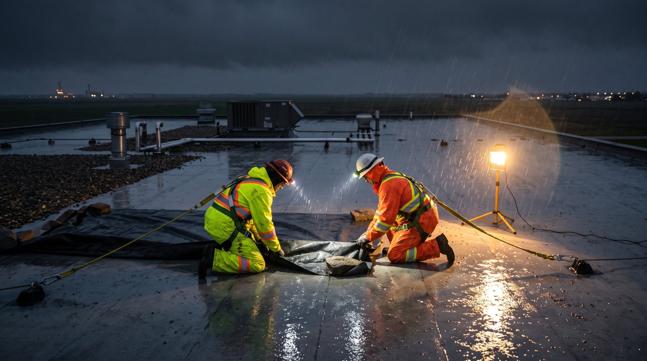 Night emergency leak response on a flat roof in the rain