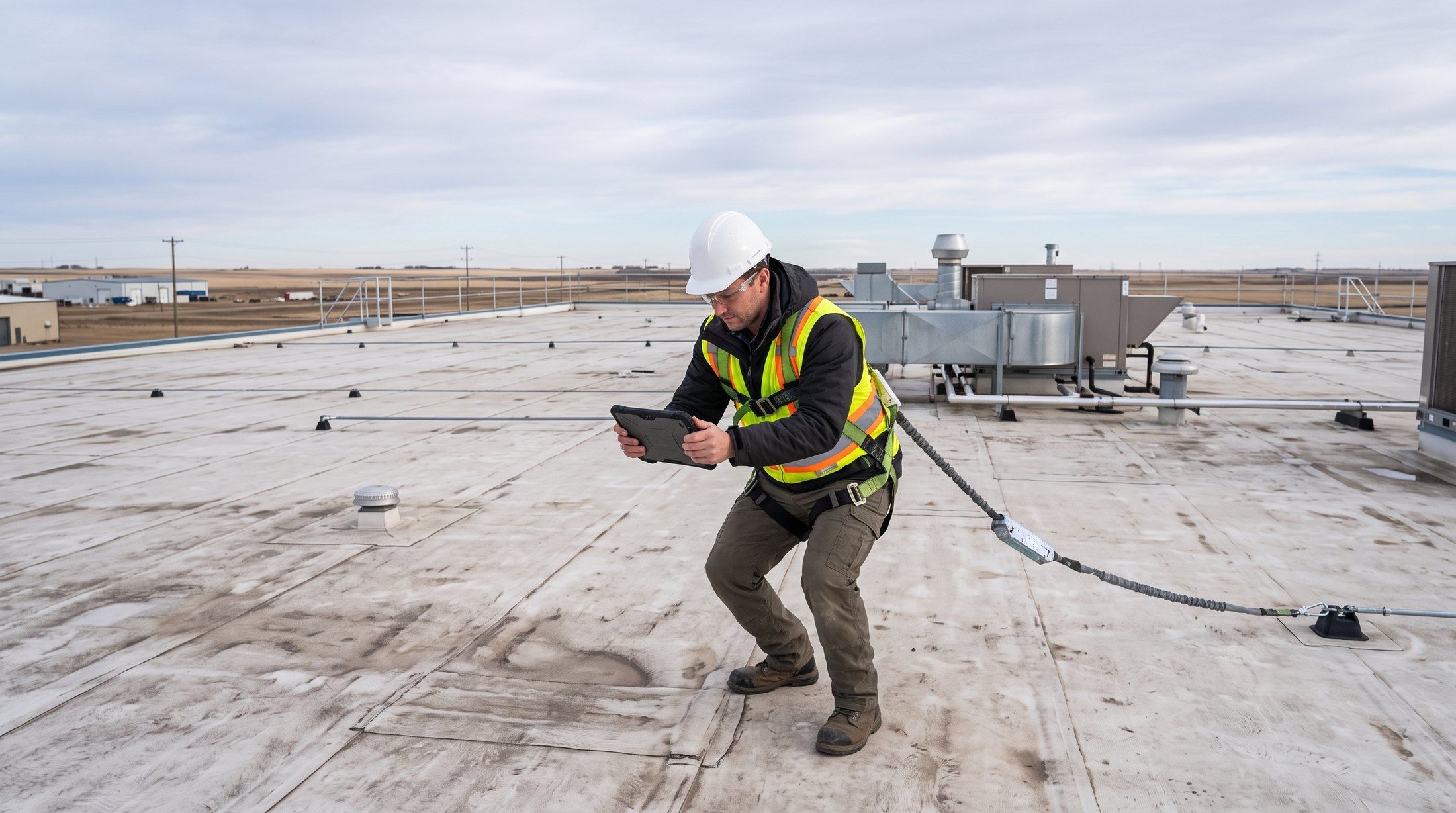 Roof inspector documenting a flat roof with a tablet