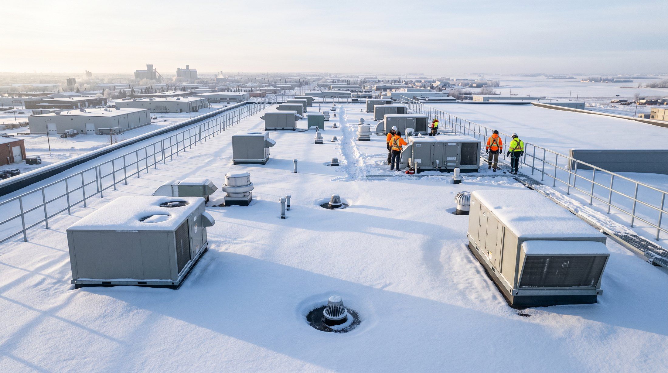 Large flat commercial roof under fresh snow with cleared drains